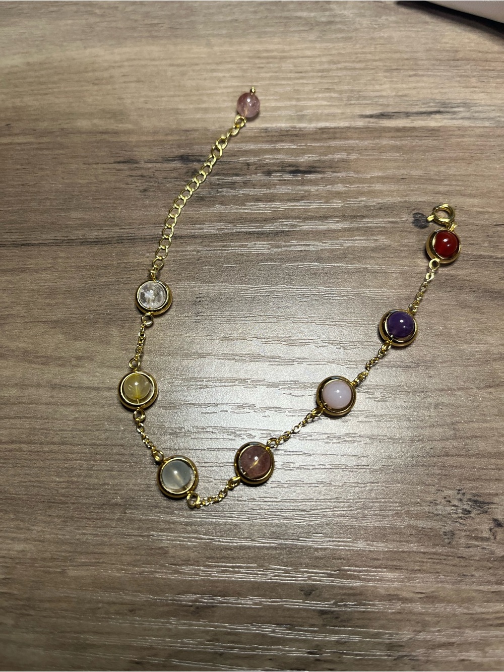 Natural Seven Color Quartz Bracelet Gold Tone Adjustable Crystal Bracelet - Picture 2 of 4